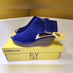 FLY London Women's Suede Blue Wedge Sandals - Size 38